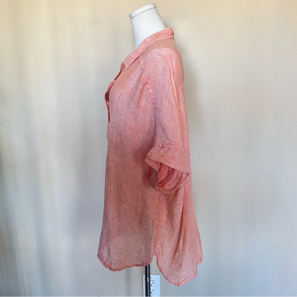 FLAX 100% Linen Oversized Tunic Top Peach Coral Button Front Boho Boxy - Picture 3 of 7